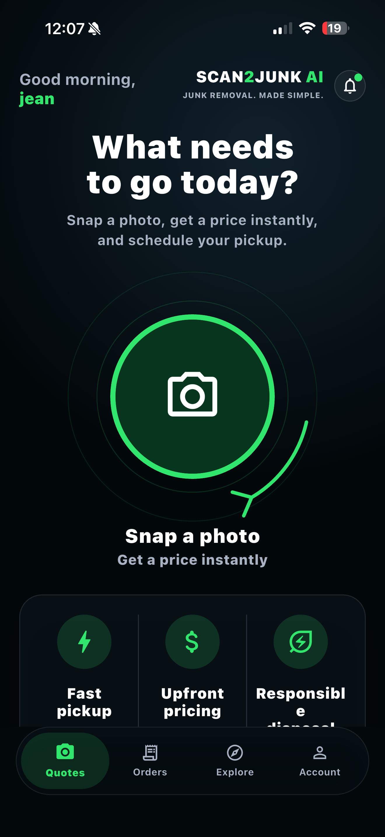 Scan2Junk AI mobile app screen for requesting and managing junk removal quotes